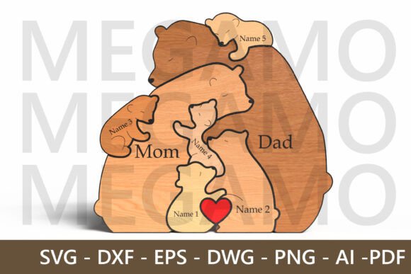 Bear Family Puzzle with Kids Names for Laser Cutting Father S Day