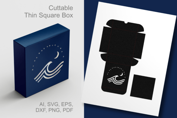 Sea Wave and Moon Thin Square Favor Box for Laser Cutting